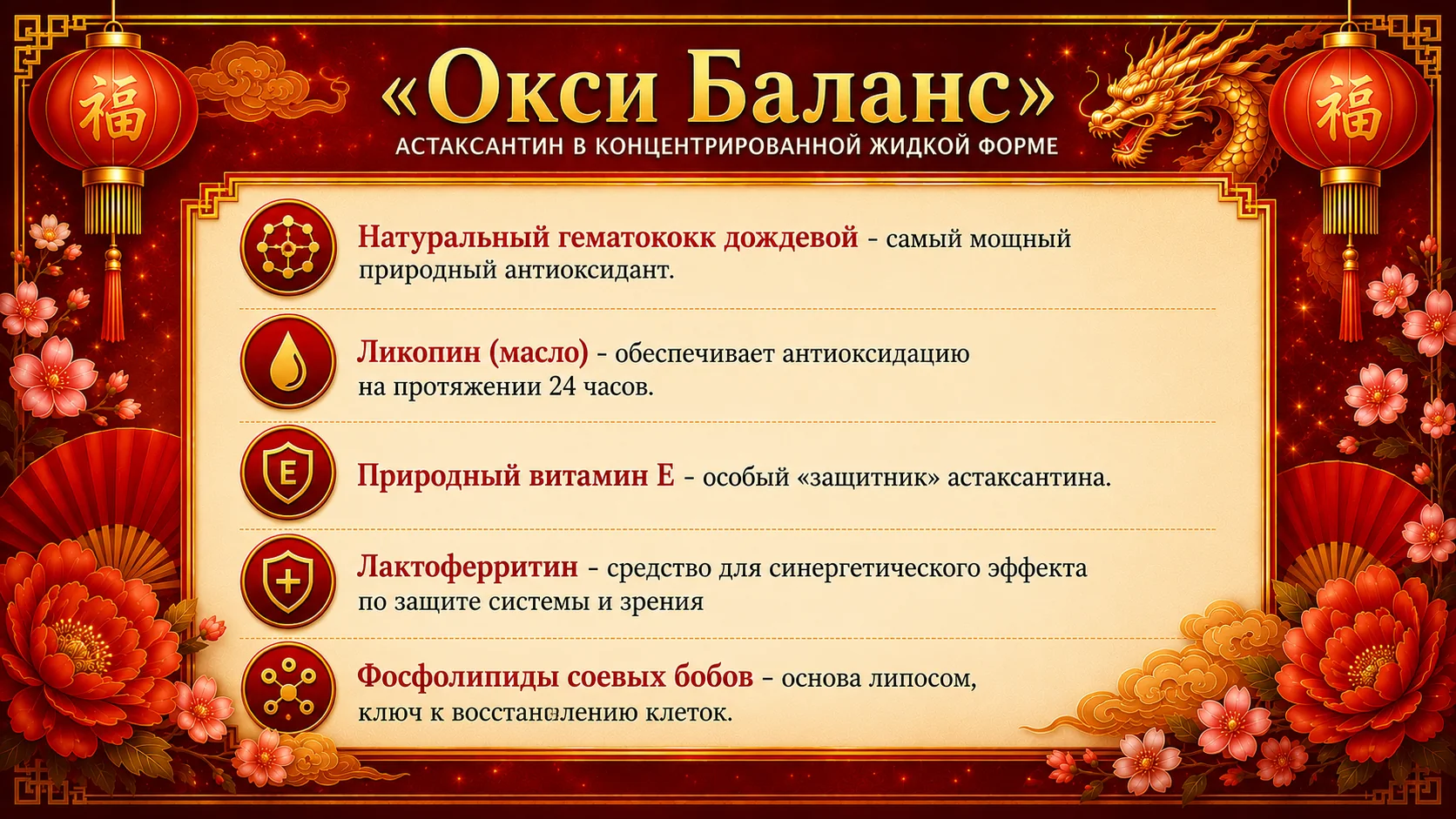 Информационная карточка Окси Баланс FOHOW о гематококке, витамине E, лактоферрине и соевых фосфолипидах