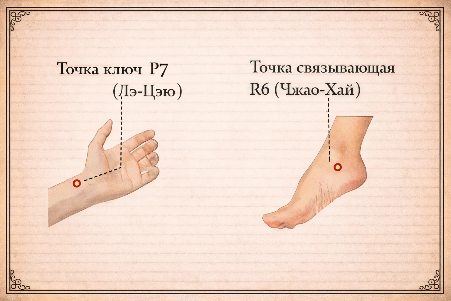 Точка-ключ P7 Ле-цюэ и связующая точка R6 Чжао-хай